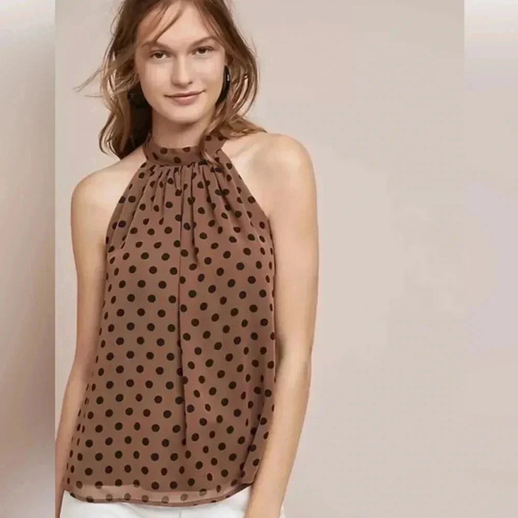 NWT new Anthropologie Erin+ Ali Palais brown black polka dot sleeveless top M - Picture 2 of 13